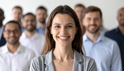 Fototapeta premium Confident businesswoman smiling in front of her team, leadership and success concept
