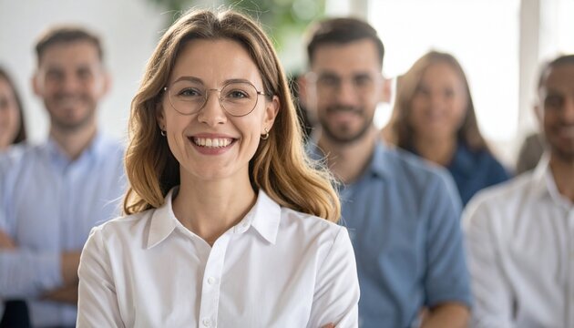 A confident woman smiling in front of her team. A group of people posing with a smiling woman wearing glasses 