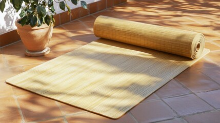 Rolled Yoga Mat on Sunlit Terrace with Potted Plant in Background