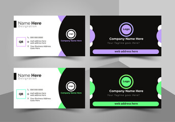Modern and professional business card template featuring a clean design with customizable details and a prominent logo area. Available in two stylish color variations: sophisticated black and purple, 