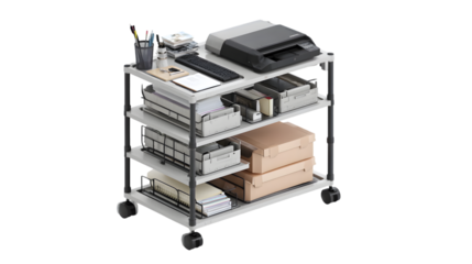 A rolling cart with printer, stationery, and boxes on shelves against a transparent  background studio shot
