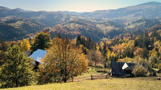 Ukraine, drone, flight in the Carpathians early in the autumn morning at sunrise near the city of Kosiv. Bright forests and dwellings of the Hutsul highlanders on the glades
