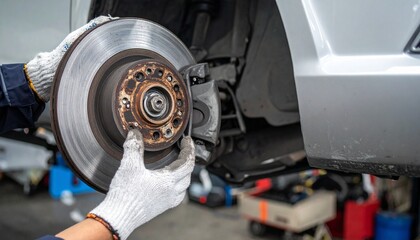 Detailed view of car brake replacement work at a mechanic's workshop