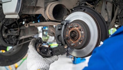 Naklejka premium A mechanic inspecting and repairing car brake parts