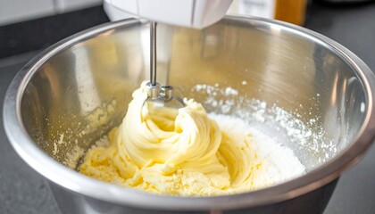 A close-up of a silver bowl filled with a mixture being blended by an electric mixer. The image captures the process of baking with focus on ingredient preparation