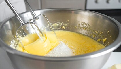 Close-up of mixing batter with a hand mixer in a stainless steel bowl during baking prep