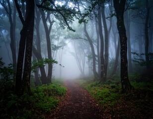Obraz premium Mystical Forest Path through Foggy Woodland