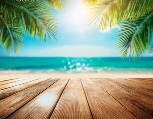 beach table sand and palm leaves in sunny abstract seascape with glittering in ocean of sunlights