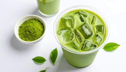 Obraz premium A refreshing glass of matcha beverage with ice and green leaves, along with matcha powder