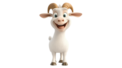Cartoon goat smiling brightly while standing upright on two legs, rendered in a playful 3D style, isolated on a clean white background with transparency, perfect for kid-friendly graphic design projec