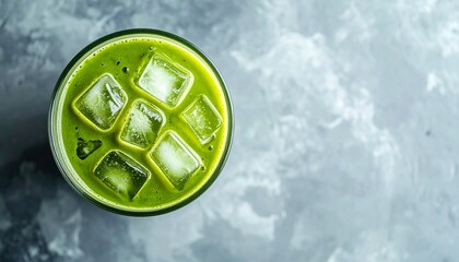 A refreshing matcha drink with ice cubes, a top-down view
