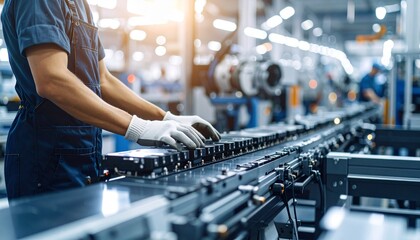 A worker meticulously inspecting and handling components on a conveyor belt within a modern manufacturing facility. The scene captures the essence of industrial processes and production
