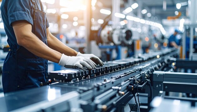 A worker meticulously inspecting and handling components on a conveyor belt within a modern manufacturing facility. The scene captures the essence of industrial processes and production
