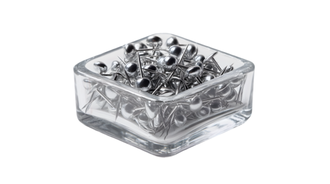 A clear glass container filled with silver push pins on a transparent  background in a studio setting