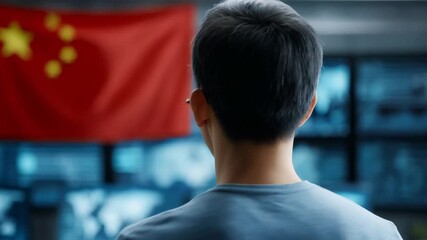 A person stands in front of multiple monitor screens displaying various digital maps while a large national flag is prominently displayed in the background. - Powered by Adobe