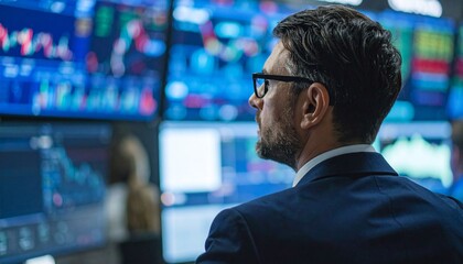 Fototapeta premium Businessman analyzing data on multiple screens
