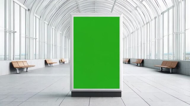 A bright green advertising display stands empty in a spacious walkway. Sunlight filters through large windows, illuminating simple benches along the sides.