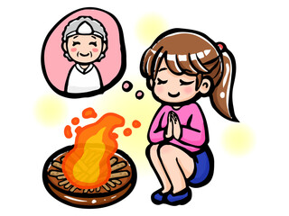 お盆に迎え火と送り火をして先祖を弔う女性のイラスト素材2