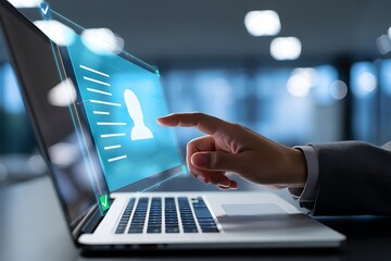 Person s hand interacting with a futuristic holographic user interface displaying a profile icon and data on a laptop screen