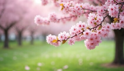 Obraz premium HD photography of a blooming cherry blossom tree in spring, branches filled with clusters of soft pink flowers, petals gently falling onto a lush green lawn. The background is softly blurred, creating