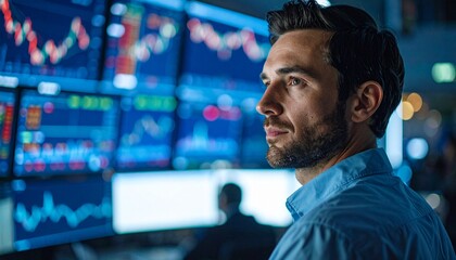 Fototapeta premium Focused stock trader analyzing market trends in a high-tech office. He is wearing a blue shirt with data-filled monitors in the background