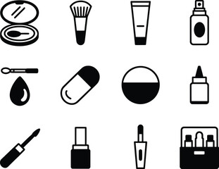 Collection of black and white icons representing various makeup and cosmetic products
