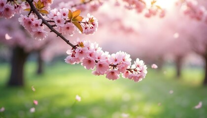 Fototapeta premium HD photography of a blooming cherry blossom tree in spring, branches filled with clusters of soft pink flowers, petals gently falling onto a lush green lawn. The background is softly blurred, creating