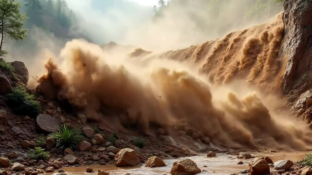 Massive Landslide in Mountain Canyon with Dust and Rockfall Impact