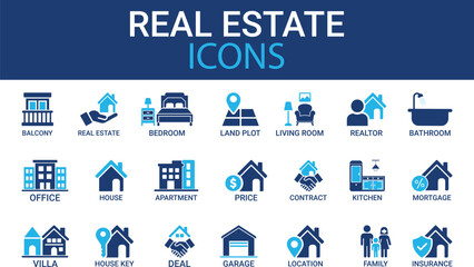 Real estate icon set. A collection of kitchen, bedroom, bathroom, and more. Vector illustration. Easily changes to any color.