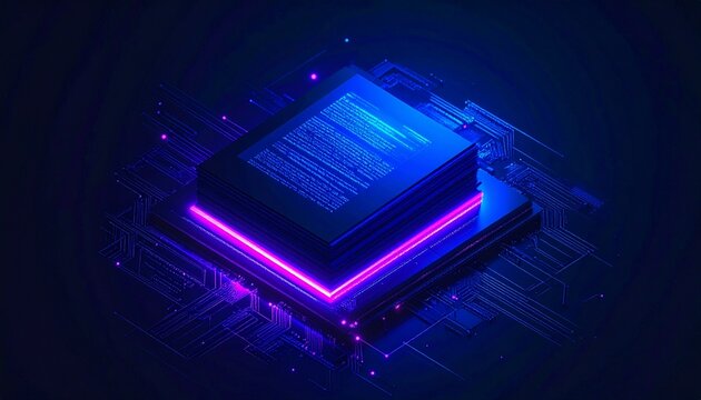 A futuristic digital document platform rendered in neon blue and pink hues, highlighting advanced data processing and secure information storage.