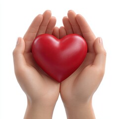 Fototapeta premium Gentle hands carefully holding a bright red heart symbol representing love and care isolated on white background