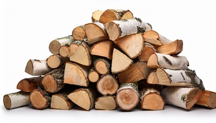 stacked firewood isolated on white background woodpile of birch tree firewood