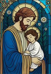 Saint Joseph Holding Baby Jesus in Elegant Stained Glass Style