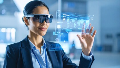 A business woman interacting with augmented reality