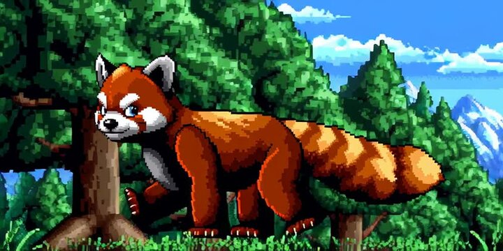 Red panda in a forest - 2D 16-bit pixel art