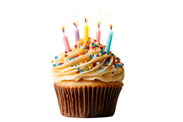 Birthday cupcake with lit candles and sprinkles