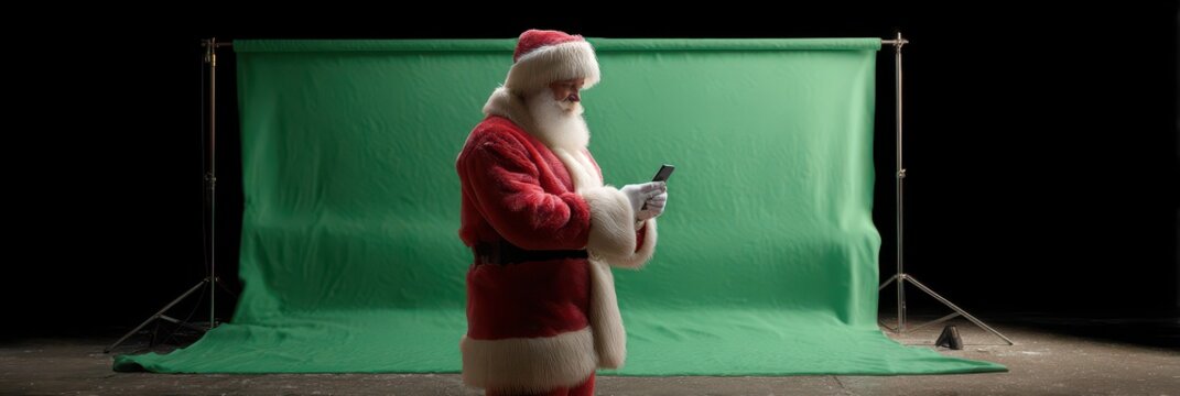 Mature caucasian male santa reading smartphone in front of green screen studio setup