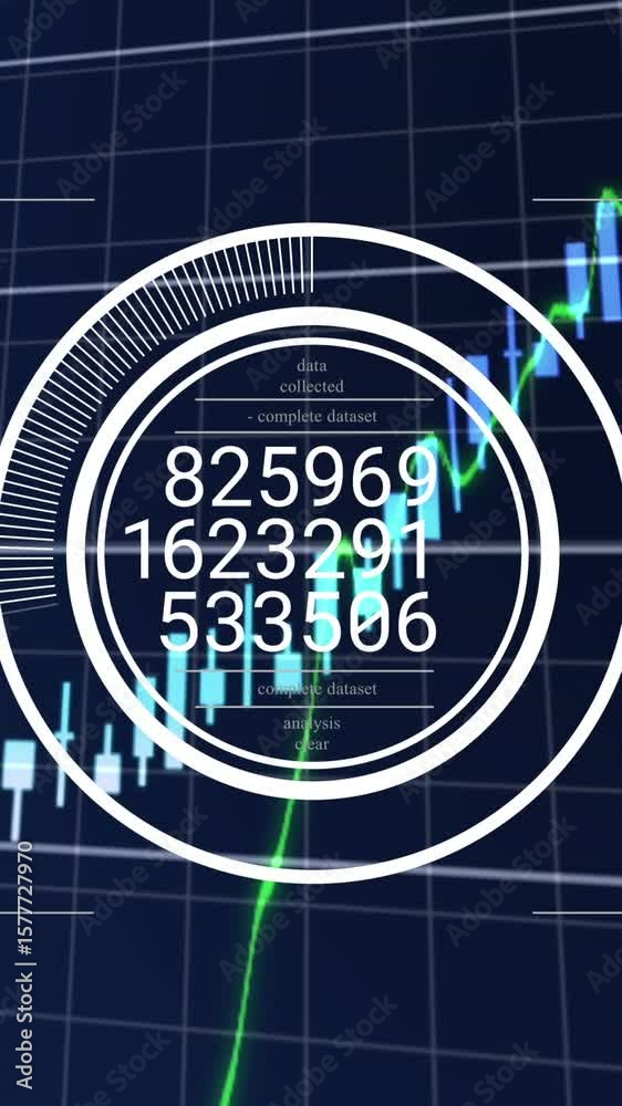 Poster animation of changing numbers in loading circle over graphs with numbers in background