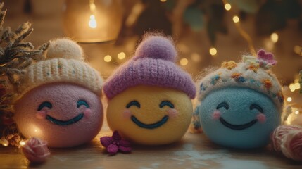 Fototapeta premium Colorful Smiling Plush Balls Wearing Winter Hats in Cozy Setting