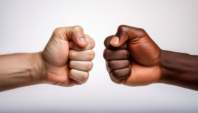 two fists one light skinned and one dark skinned face each other against white background symbolizing unity diversity and strength in positive and hopeful mood