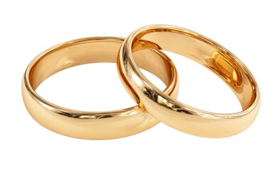 Two gleaming gold wedding bands, subtly overlapping, showcase polished, rounded profiles against a stark white backdrop
