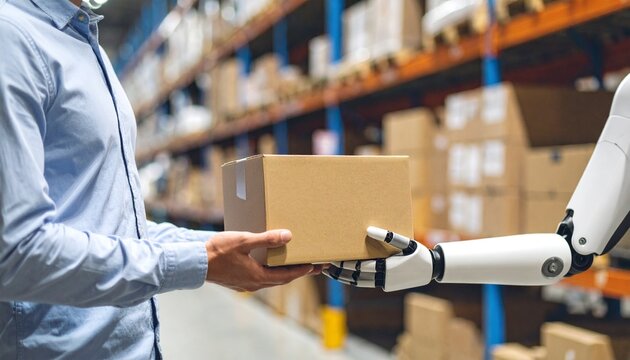 Human worker receives package from robotic arm in warehouse.  The focus is on the exchange of a cardboard box.