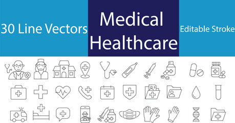 Medical healthcare line icon set. Vector pictograms of doctor, thermometer, nurse, pills, medicines, records, cross, stressed heart, blood test, ambulance, bed, teleconsultation, linear illustrat