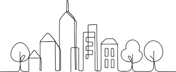 City Skyline Architecture Line Drawing with Trees on White Background