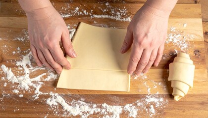 Woman folding dough, ready for croissant production. A pair of hands skillfully folds a square sheet of dough on a wooden board
