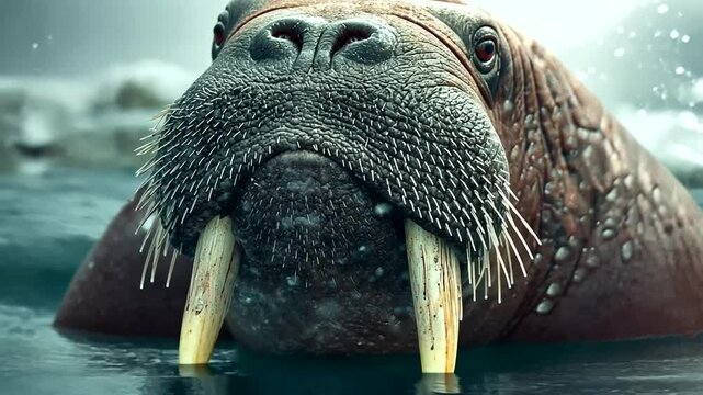 Arctic Majesty: Close-up on a walrus swimming in icy waters, showcasing its impressive tusks