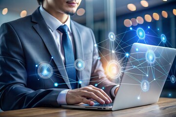 Obraz premium AI automation and API automation. Data transfer through system integration. Intelligent process automation technology solutions. Businessman using laptop computer for managing automation technology.