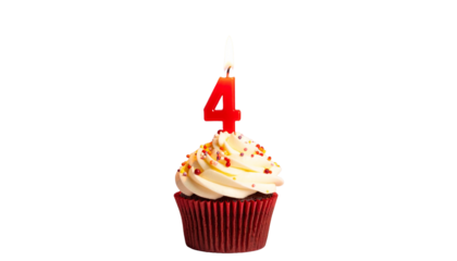 A delectable cupcake with creamy frosting and a candle shaped like the number four
