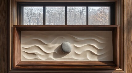 Serene Window Display with Sand and Stone Art in Modern Interior