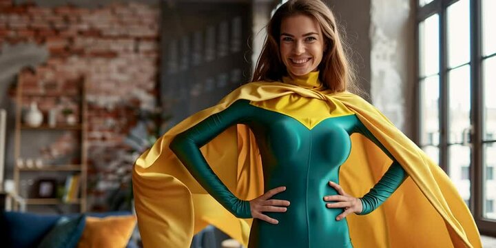 A woman is dressed as a superhero in green and yellow supersuit. she stands confidently in the office